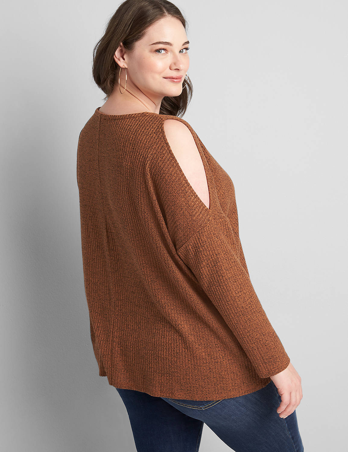 Long Sleeve Open Crew Neck With Cutout Shoulders In Brushed Waffle 1121911:PANTONE Argan Oil:14/16 Product Image 2
