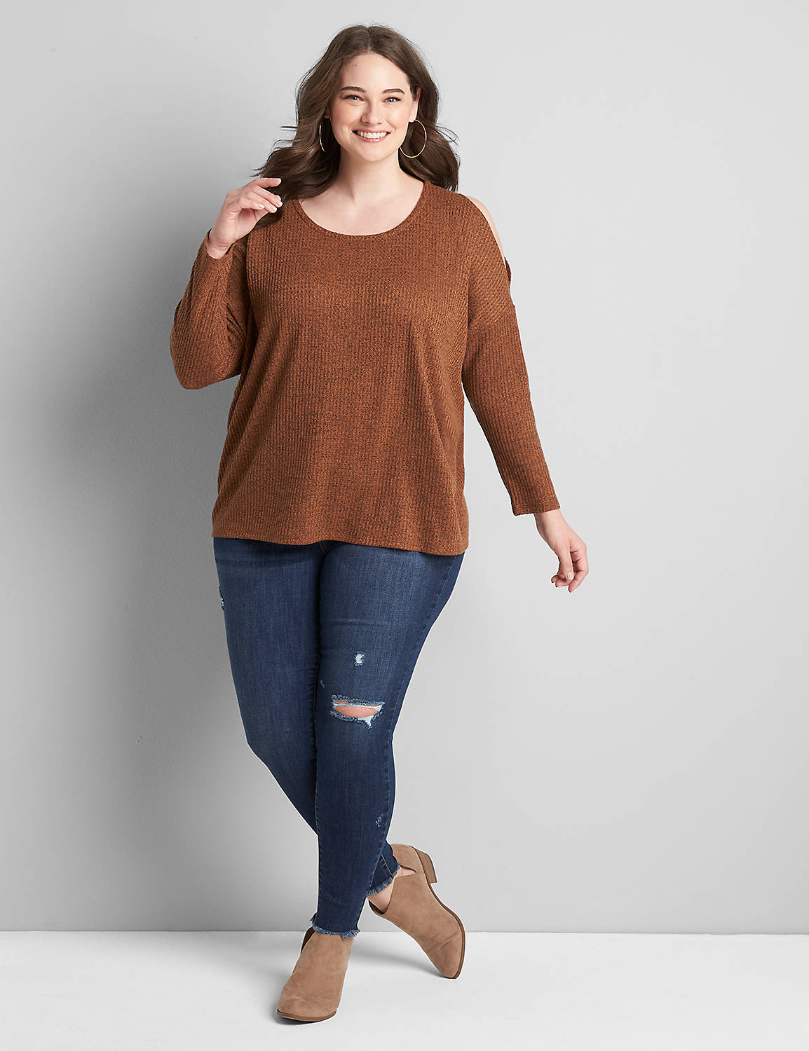 Long Sleeve Open Crew Neck With Cutout Shoulders In Brushed Waffle 1121911:PANTONE Argan Oil:14/16 Product Image 3
