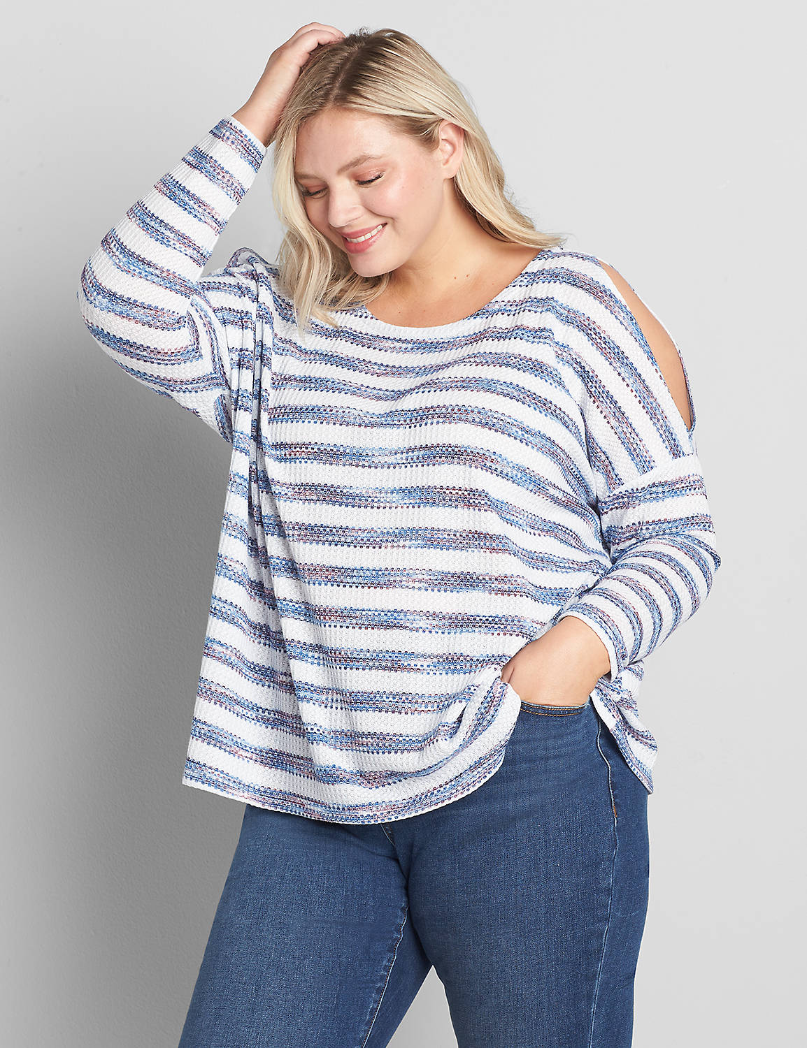Long Sleeve Open Crew Neck With Cutout Shoulders In Space Dye Stripe:Stripe:10/12 Product Image 1