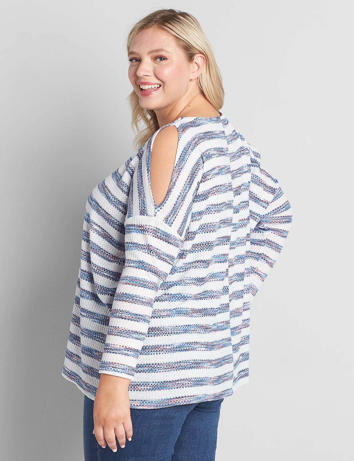 Long Sleeve Open Crew Neck With Cutout Shoulders In Space Dye Stripe:Stripe:10/12 Product Image 2