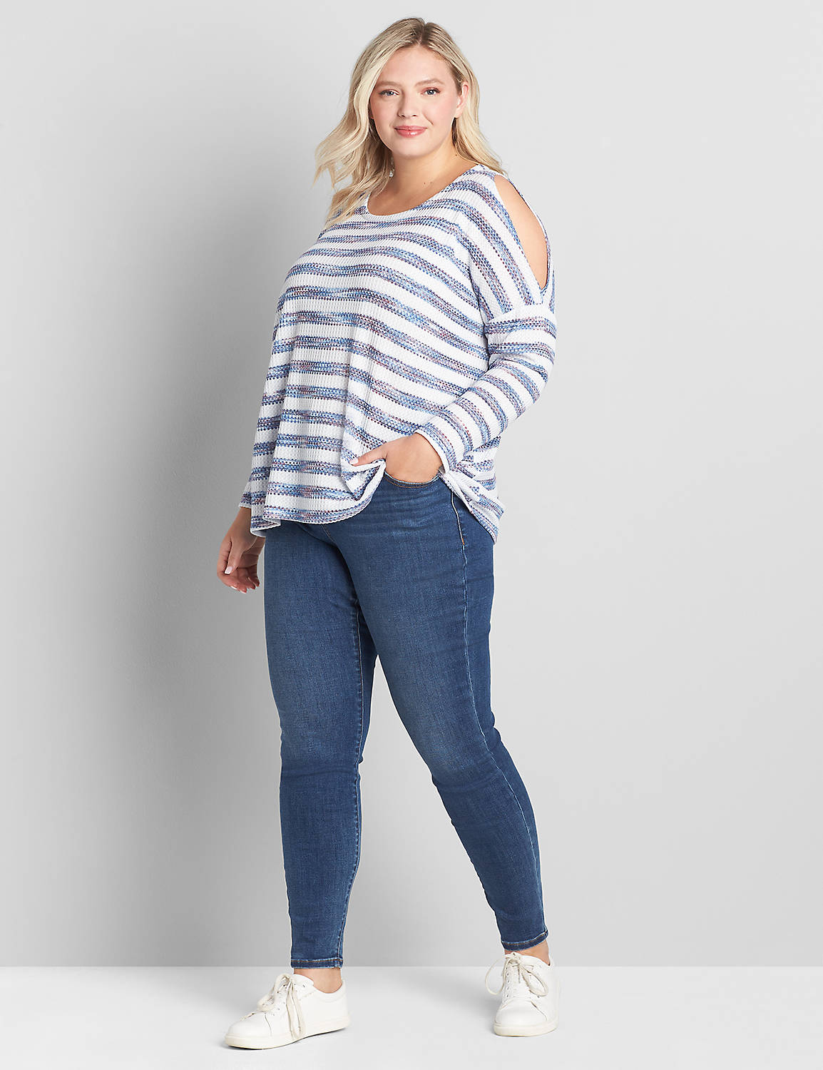 Long Sleeve Open Crew Neck With Cutout Shoulders In Space Dye Stripe:Stripe:10/12 Product Image 3