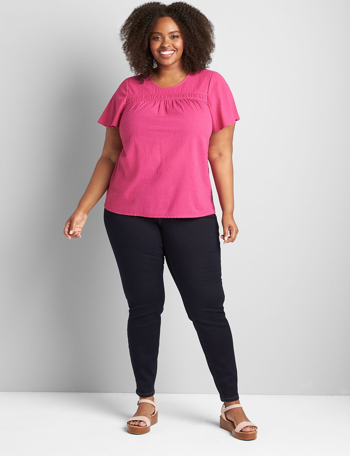 Short Sleeve Crew Neck Smock Detail Top 1121571:PANTONE Fuchsia Red:14 Product Image 3