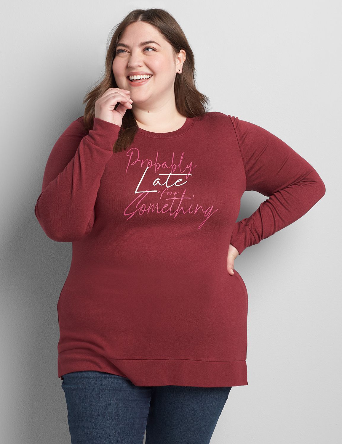 Long Sleeve Crew Neck Sweatshirt with Side Slit Graphic: Probably Late For Something 1121509:PANTONE Zinfandel:10/12 Product Image 1