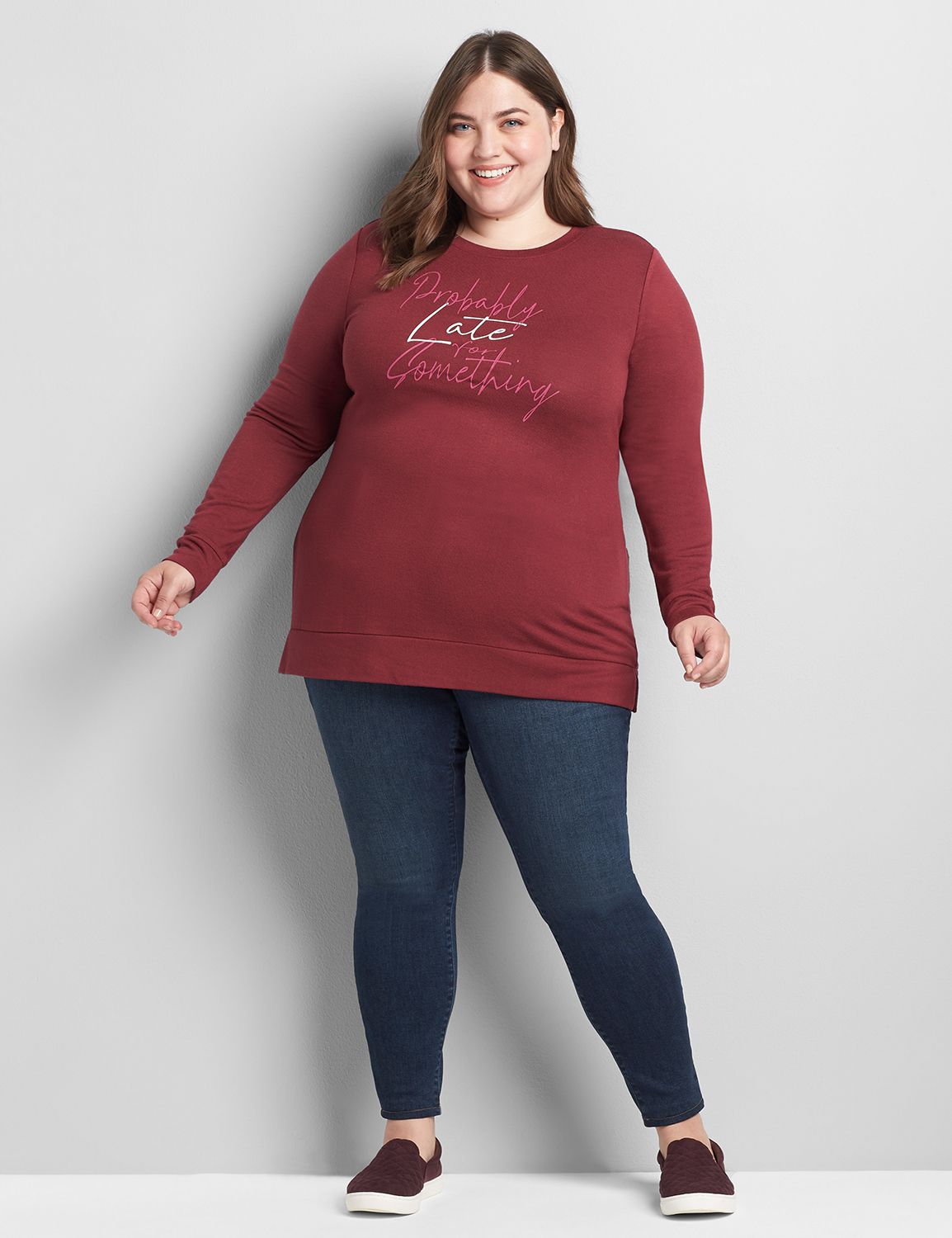 Long Sleeve Crew Neck Sweatshirt with Side Slit Graphic: Probably Late For Something 1121509:PANTONE Zinfandel:10/12 Product Image 3