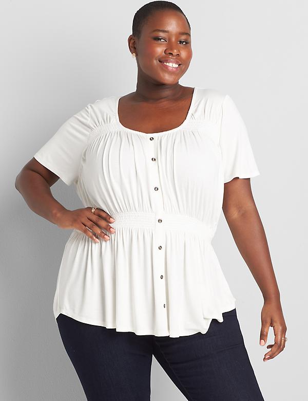 Button Detail Swing Top With Smocking 