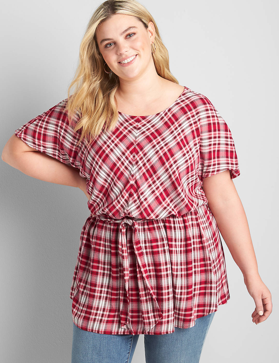 Short-Sleeve Belted Plaid Top Product Image 1