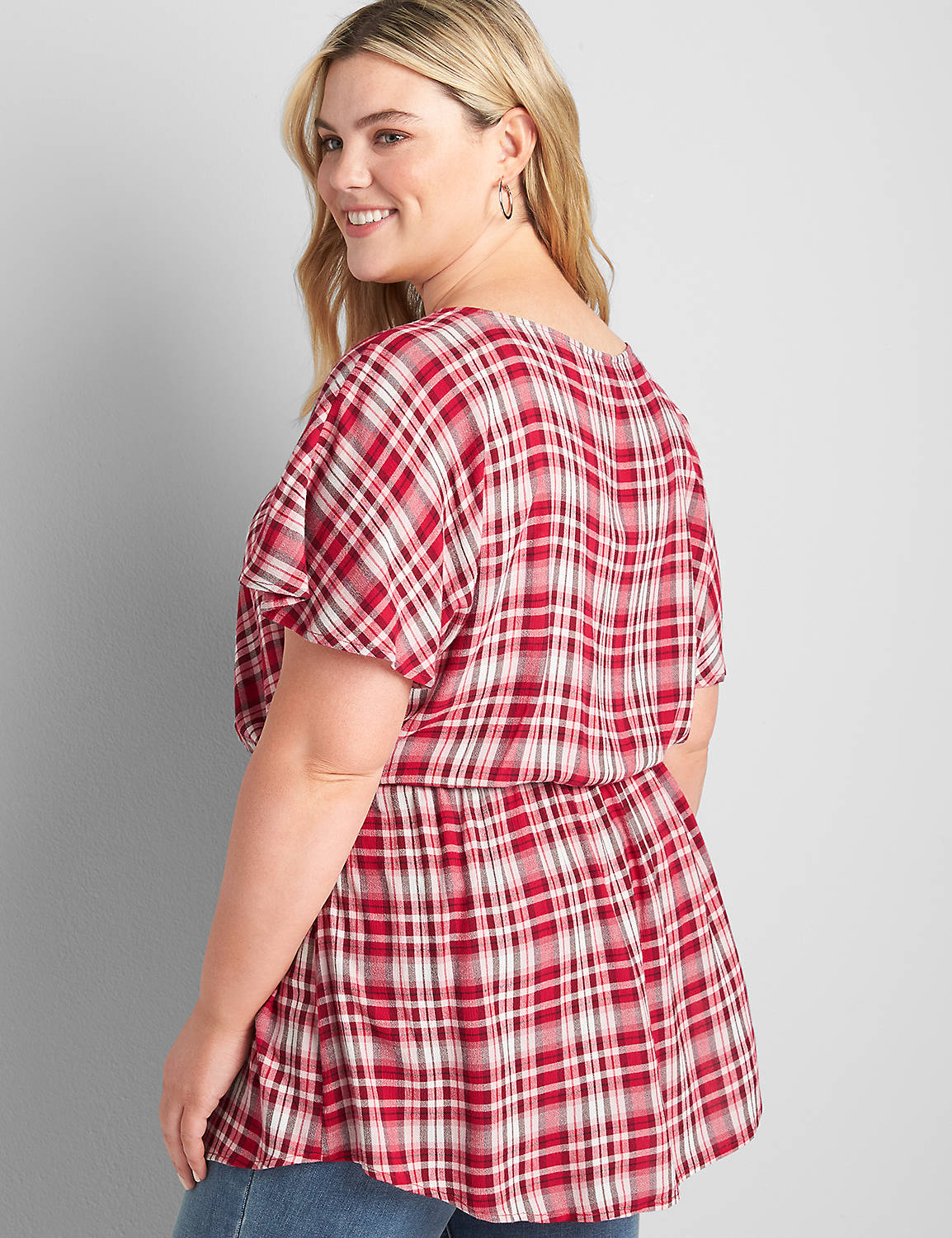 Short-Sleeve Belted Plaid Top Product Image 2