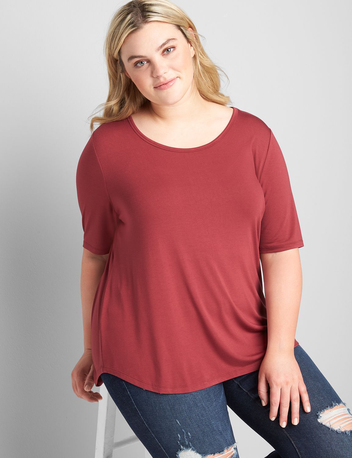 Perfect Sleeve Open Crew Neck Curved Hem Bamboo Tee 1123000 copy of 1118446:PANTONE Zinfandel:14/16 Product Image 1