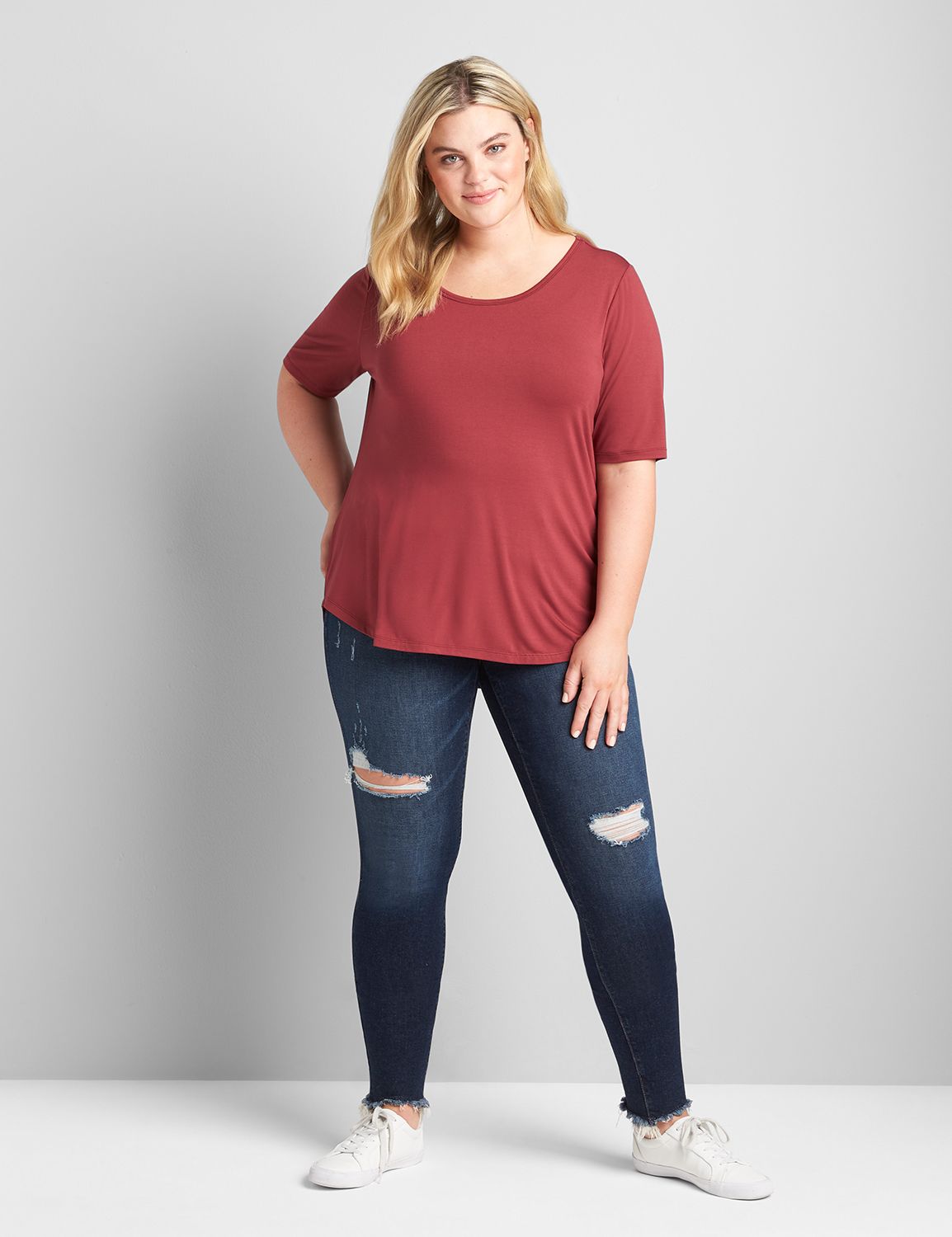 Perfect Sleeve Open Crew Neck Curved Hem Bamboo Tee 1123000 copy of 1118446:PANTONE Zinfandel:14/16 Product Image 3