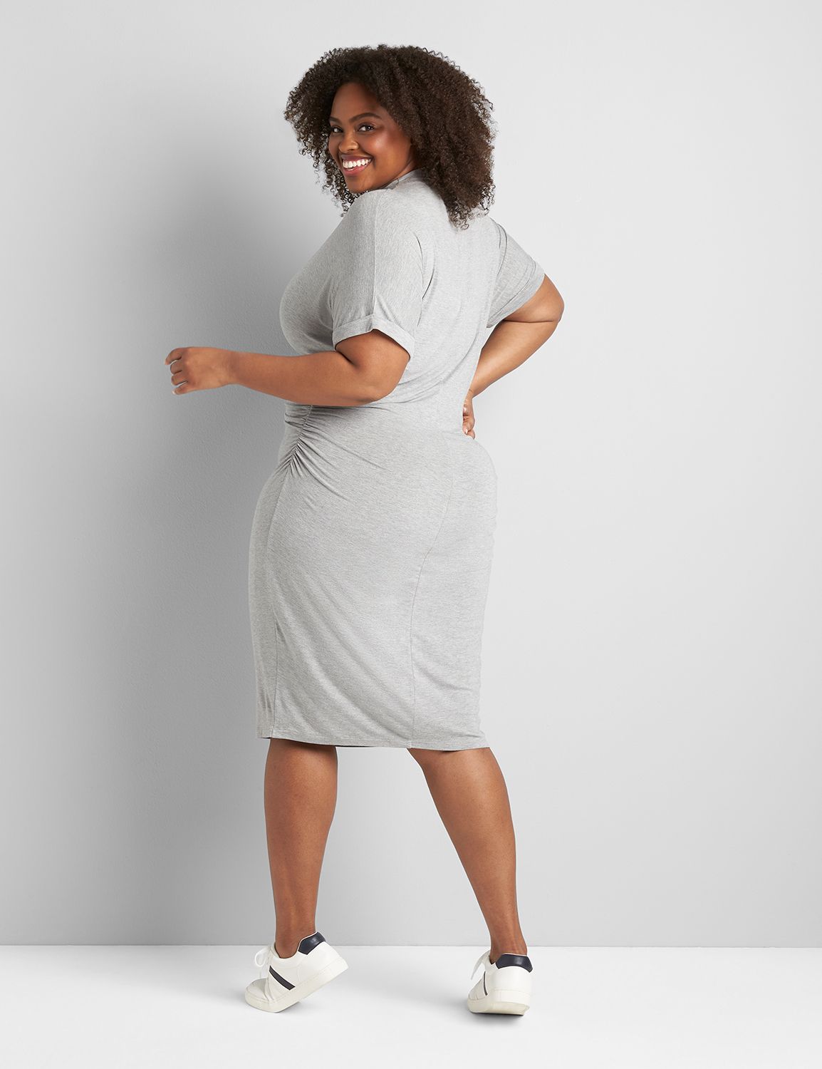 Faux Leather Patchwork Mock Neck Ruched Long Sleeve Midi Dress