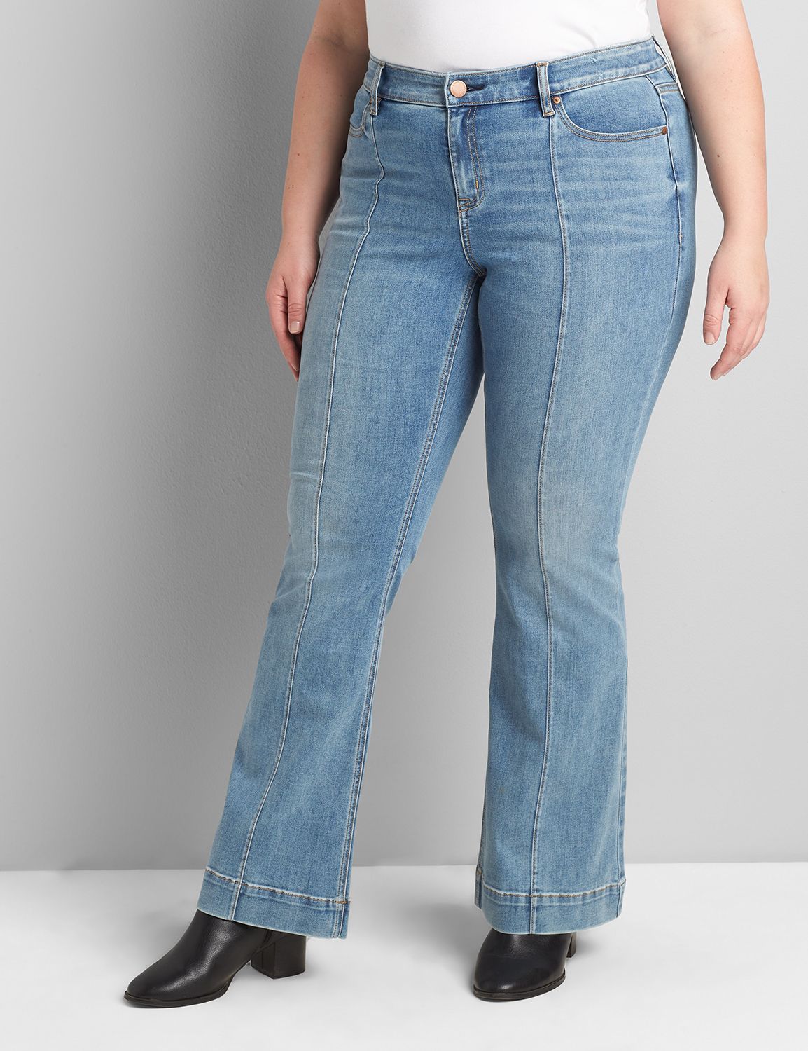 Women's Four Button Mid Waist Flare Front Seam Jeans