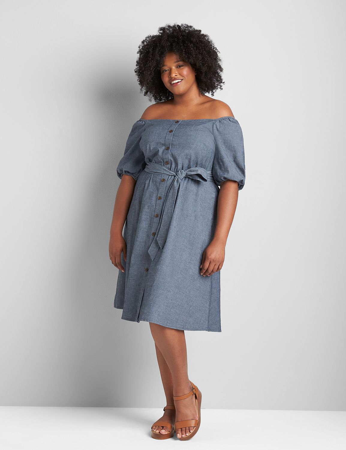 Elbow Sleeve Square Neck Button Front Chambray Midi 1121719:Chambray:16 Product Image 1