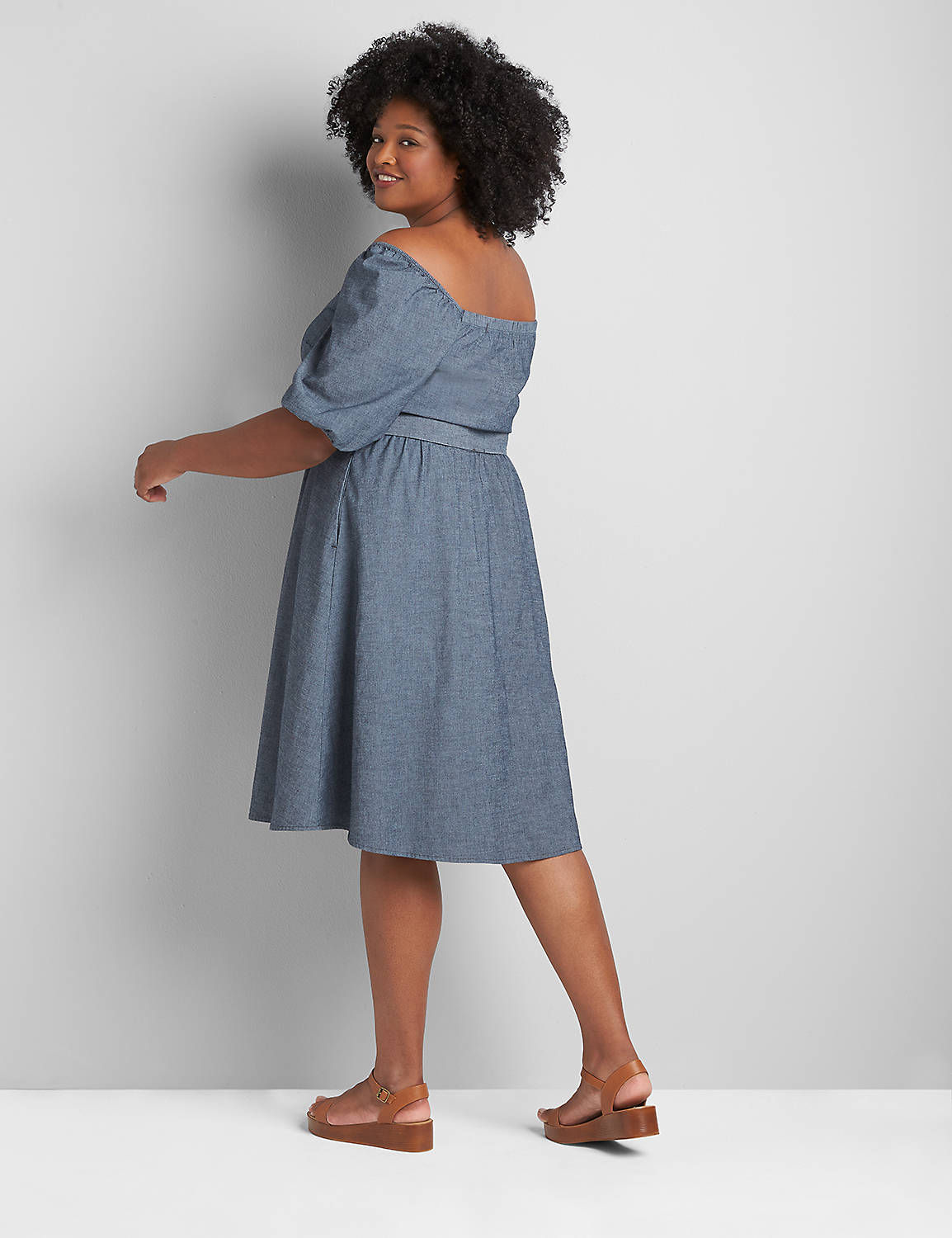 Elbow Sleeve Square Neck Button Front Chambray Midi 1121719:Chambray:16 Product Image 2