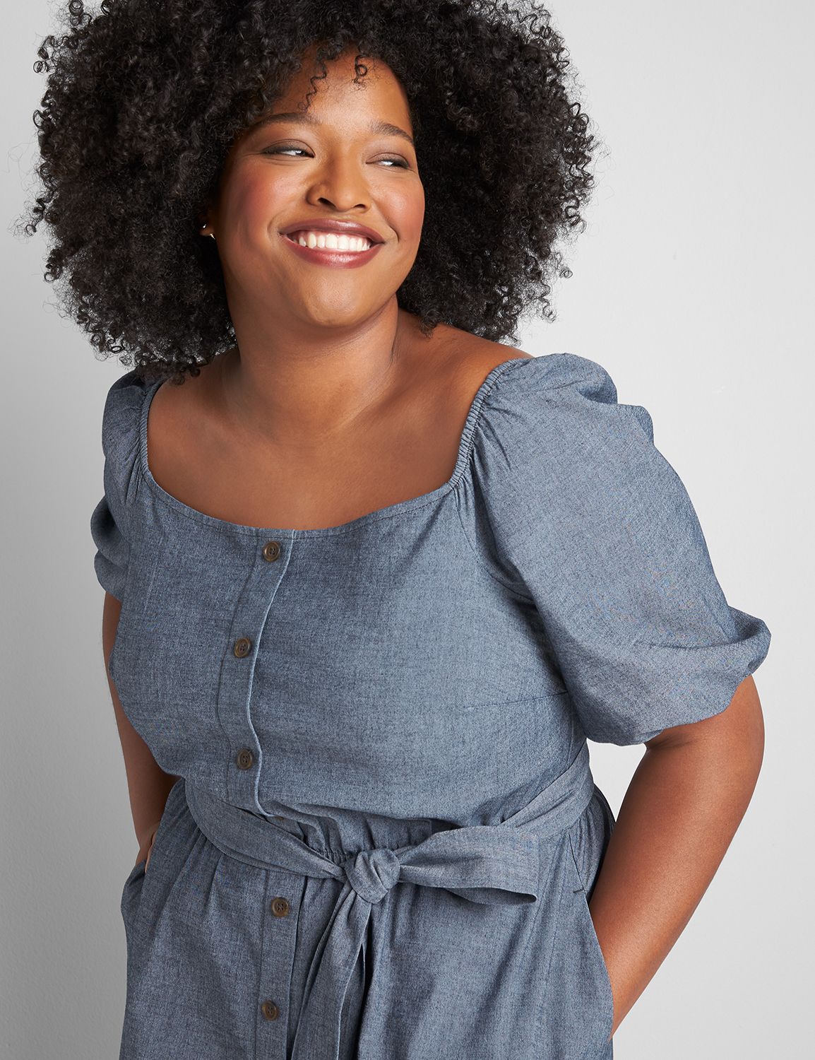 Elbow Sleeve Square Neck Button Front Chambray Midi 1121719:Chambray:16 Product Image 3