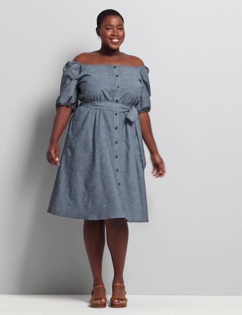 Elbow Sleeve Square Neck Button Front Chambray Midi 1121719:Chambray:16 image number 0