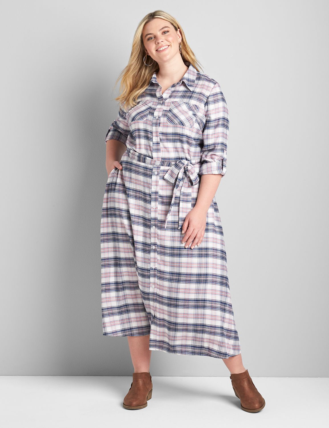 Long Roll Tab Sleeve Plaid Shirt Dr Product Image 1