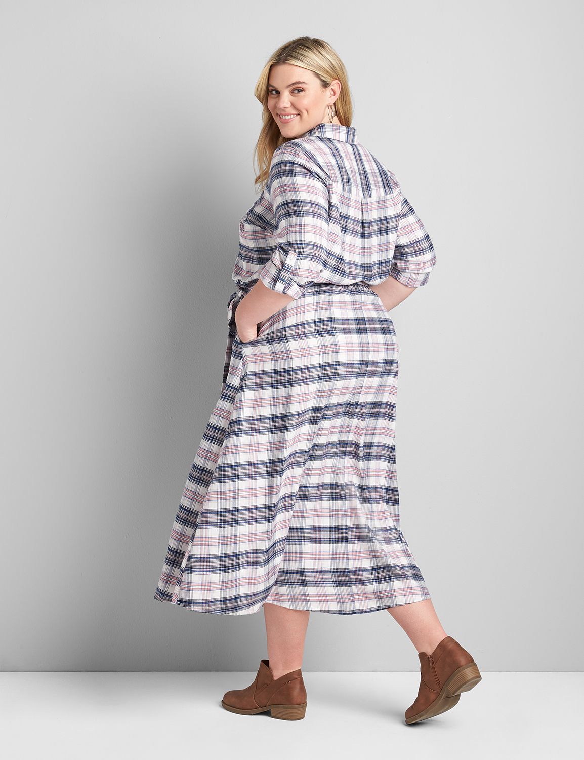 Plaid Shirtdress With Roll-Tab Sleeves