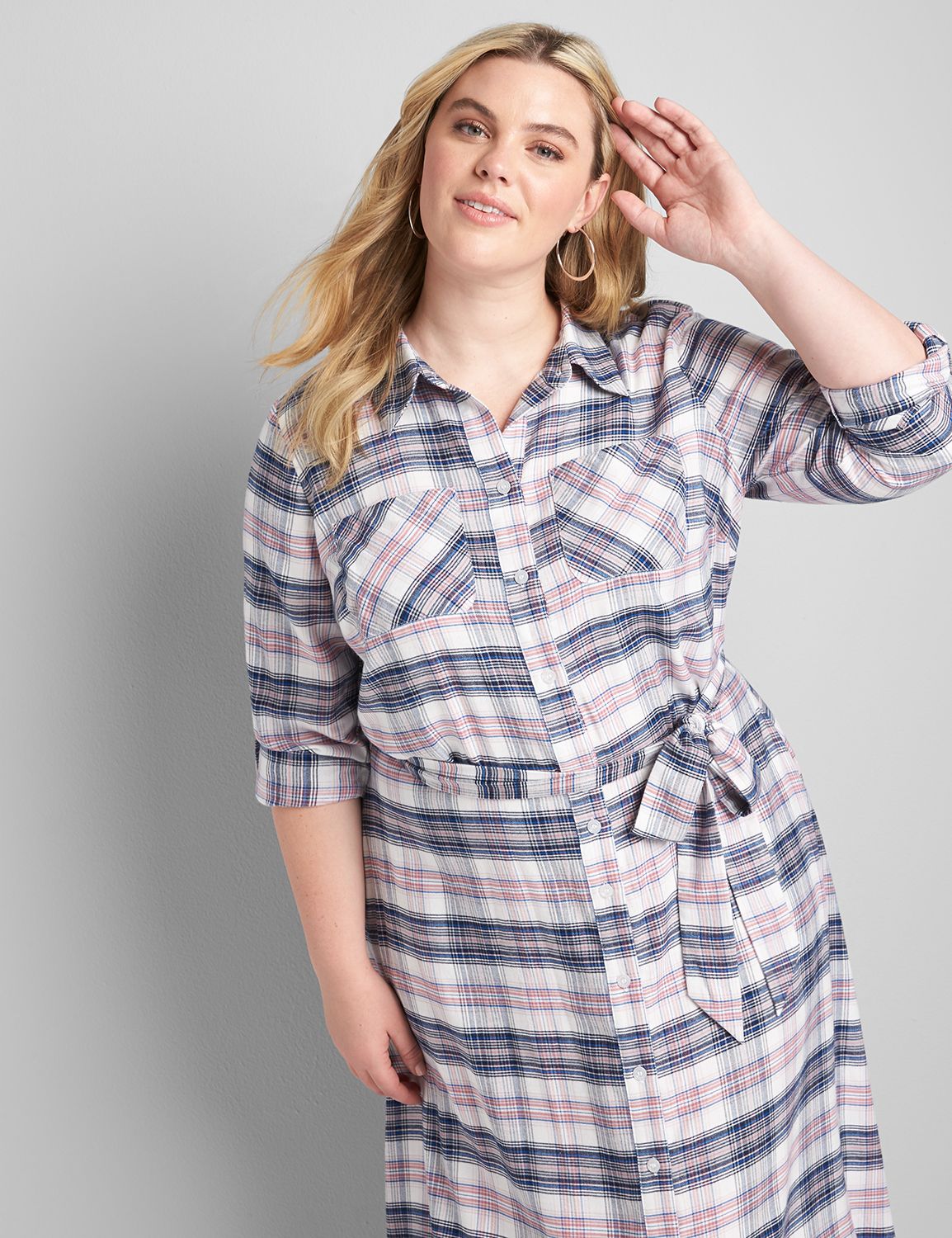 Long Roll Tab Sleeve Plaid Shirt Dr Product Image 3
