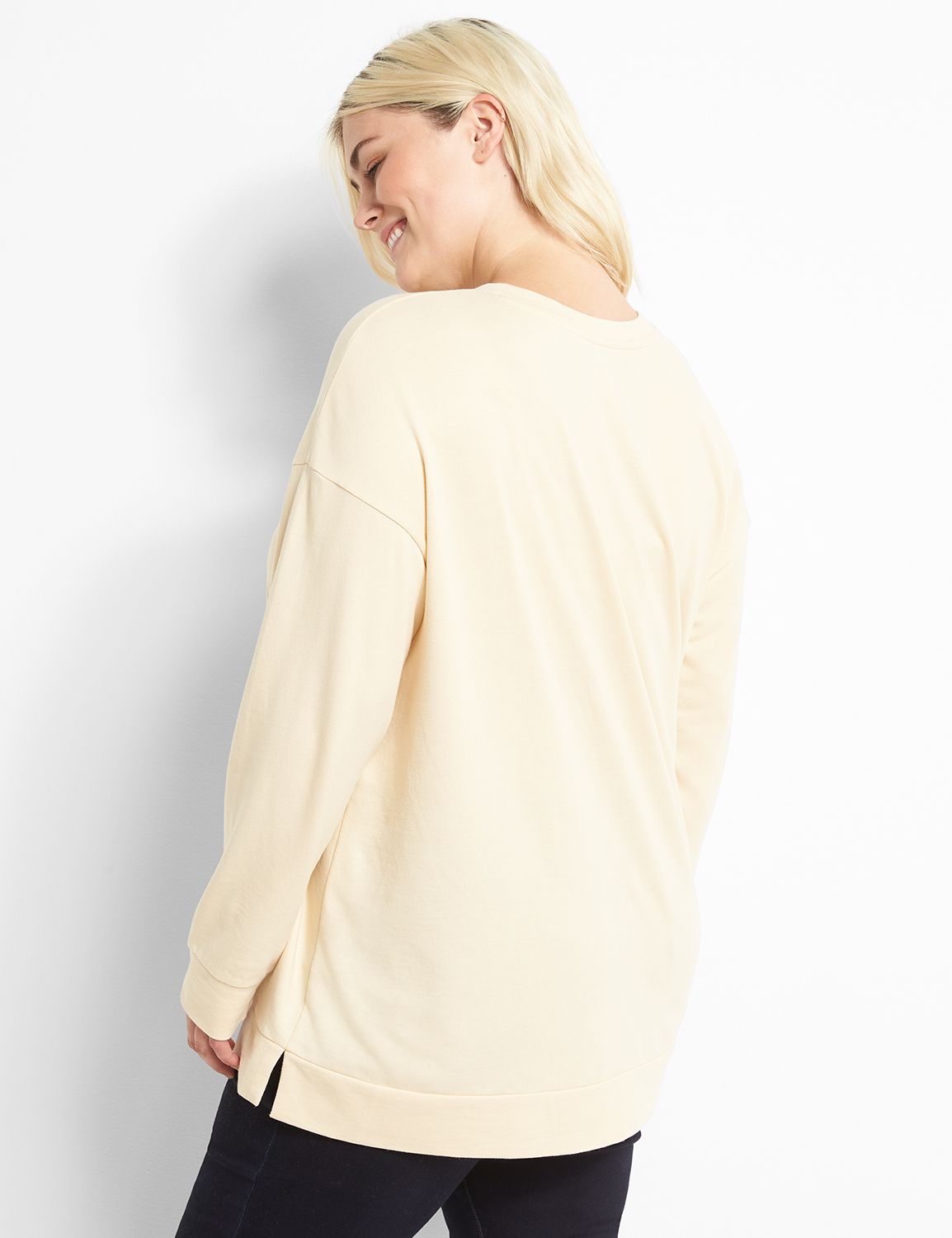 Long Sleeve Crew Neck Sweatshirt with Side Slit Graphic: Pumpkin Kisses 1122265:PANTONE Brazilian Sand:14/16 Product Image 2