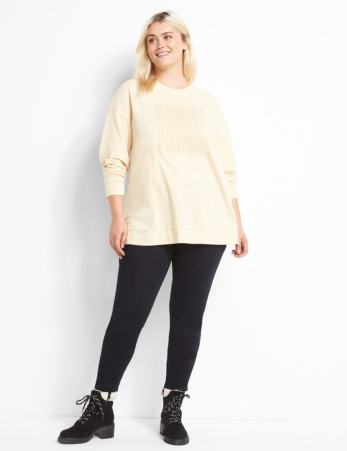 Long Sleeve Crew Neck Sweatshirt with Side Slit Graphic: Pumpkin Kisses 1122265:PANTONE Brazilian Sand:14/16 Product Image 3