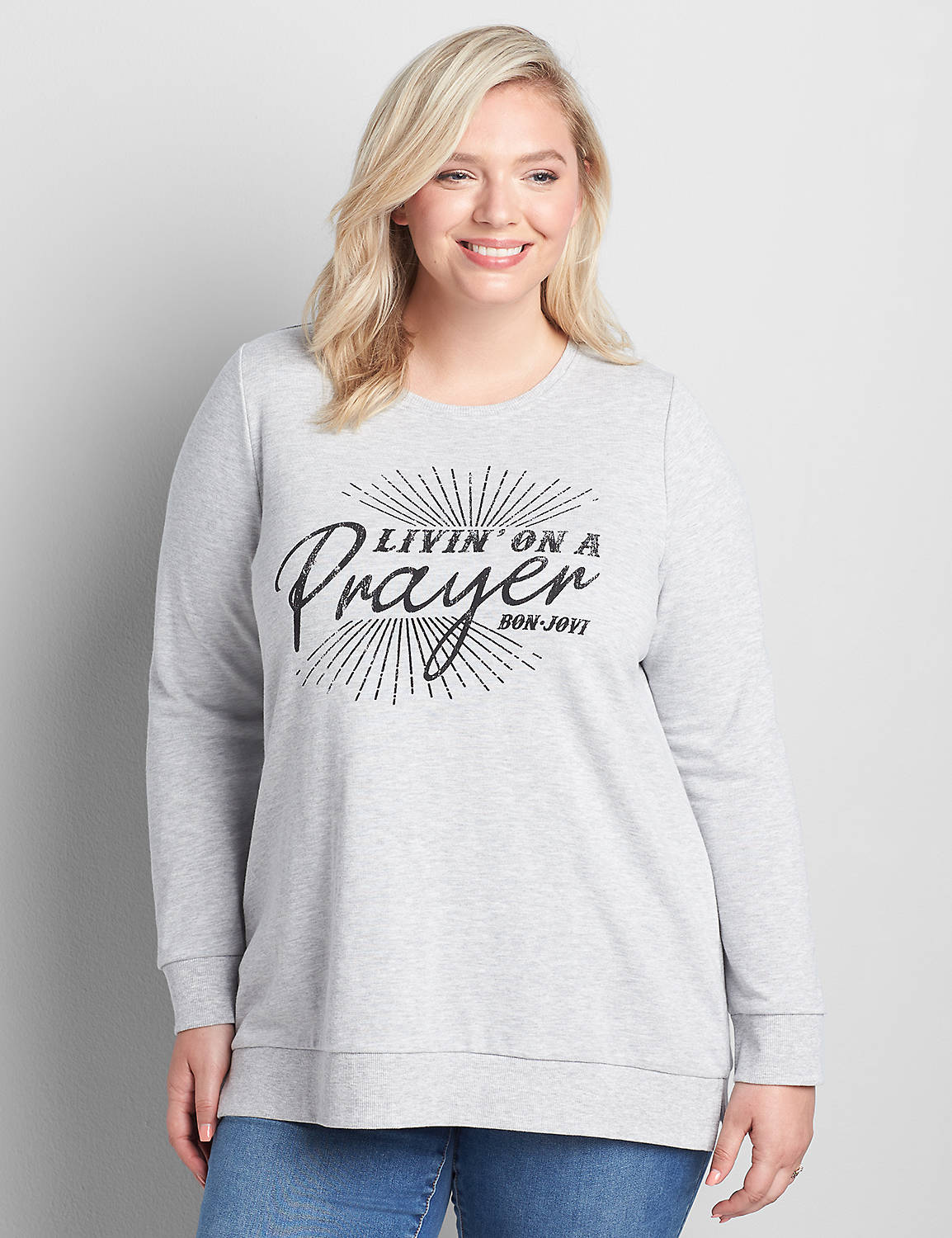 Long Sleeve Crew Neck Oversized Sweatshirt with Side Slit Graphic: Livin On A Prayer 1123049:BC04 Heather grey:10/12 Product Image 1