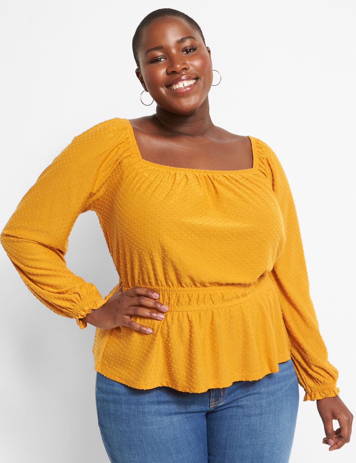 Square-Neck Knit Blouse With Elastic Waist Product Image 1