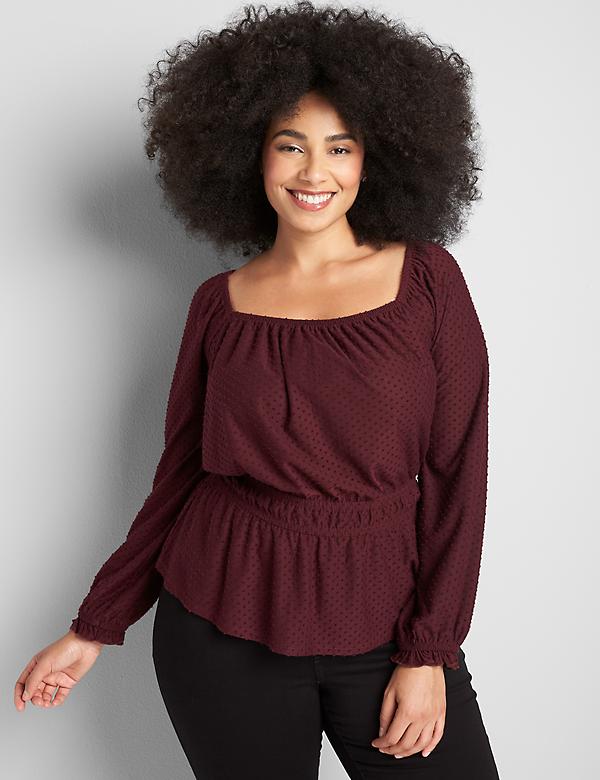 Square-Neck Knit Blouse With Elastic Waist 
