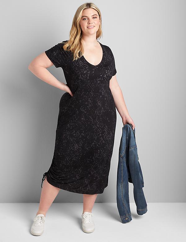 Short-Sleeve Ruched-Side Midi Dress 