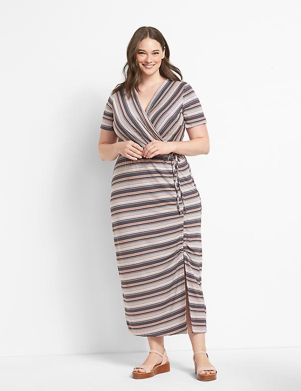 Short-Sleeve Crossover Side-Ruched Maxi Dress