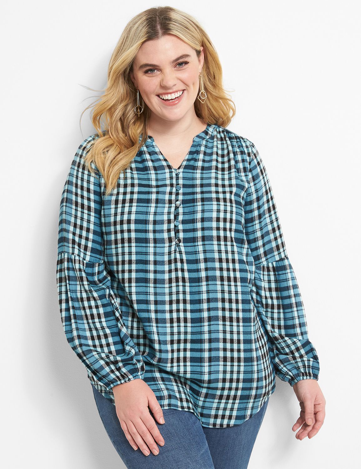 No-Peek Split-Neck Button-Front Plaid Top Product Image 1