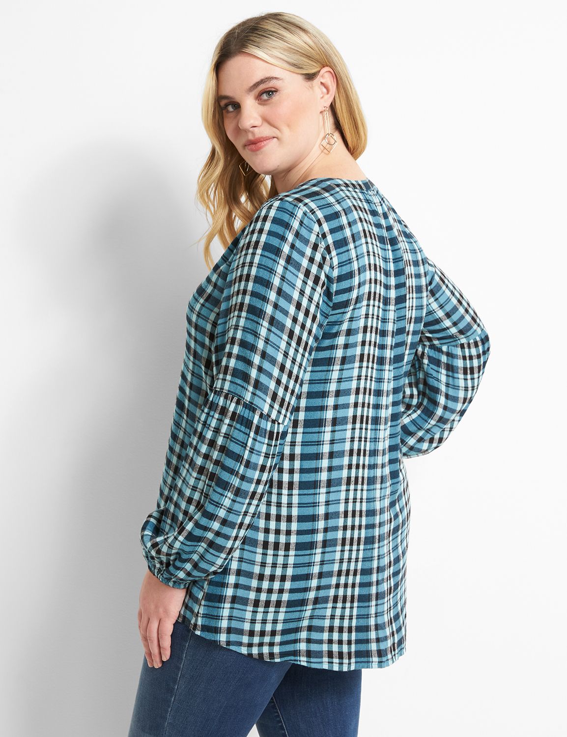 No-Peek Split-Neck Button-Front Plaid Top Product Image 2