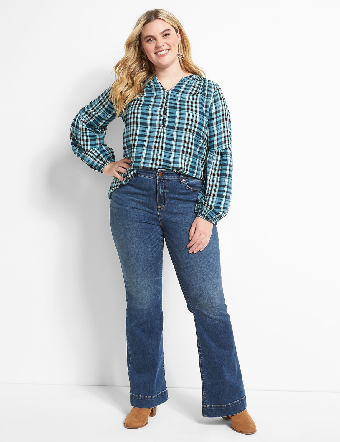 No-Peek Split-Neck Button-Front Plaid Top Product Image 3