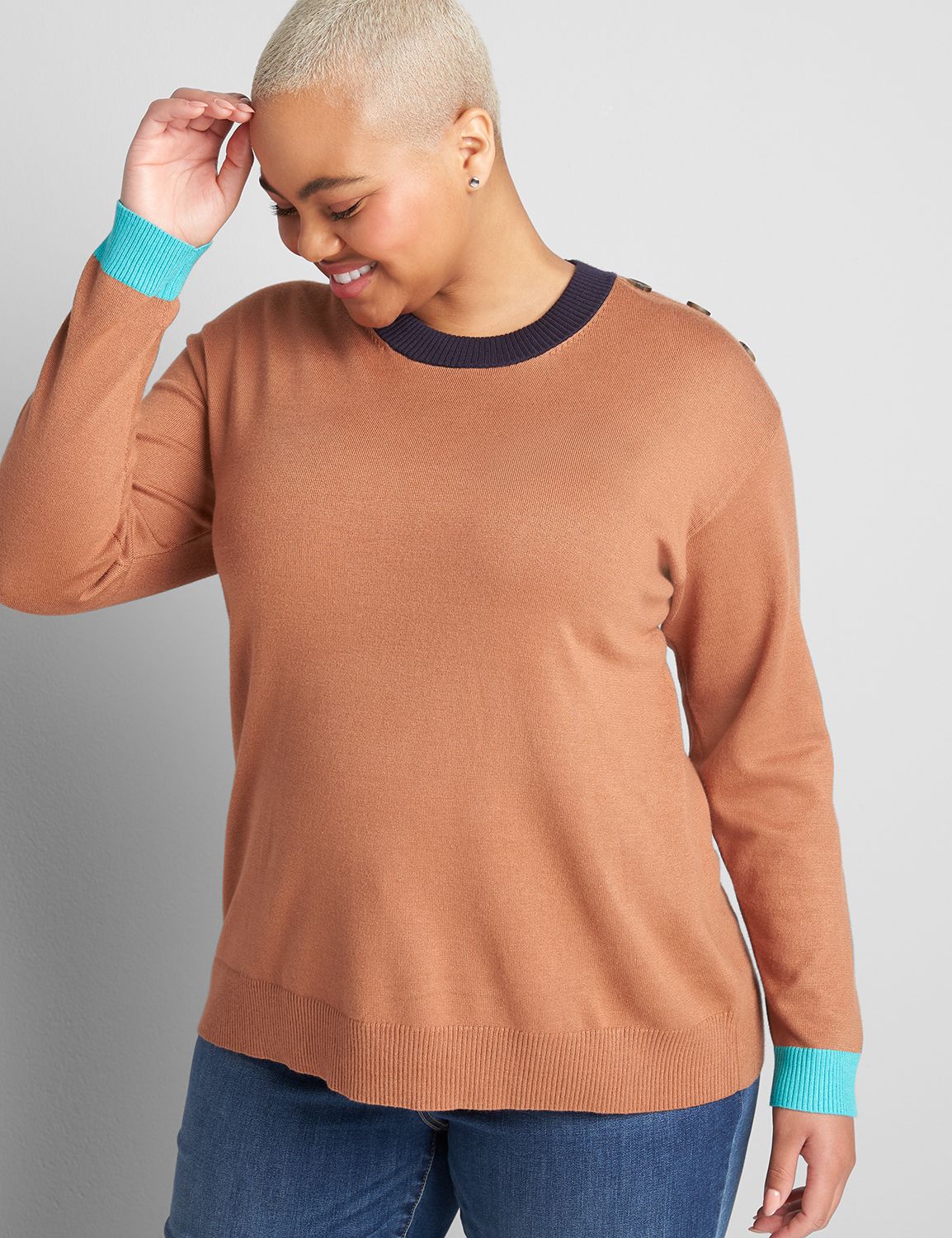 Long Sleeve Crew Neck Trim Color Block Pullover 1122068:PANTONE Argan Oil:10/12 Product Image 1