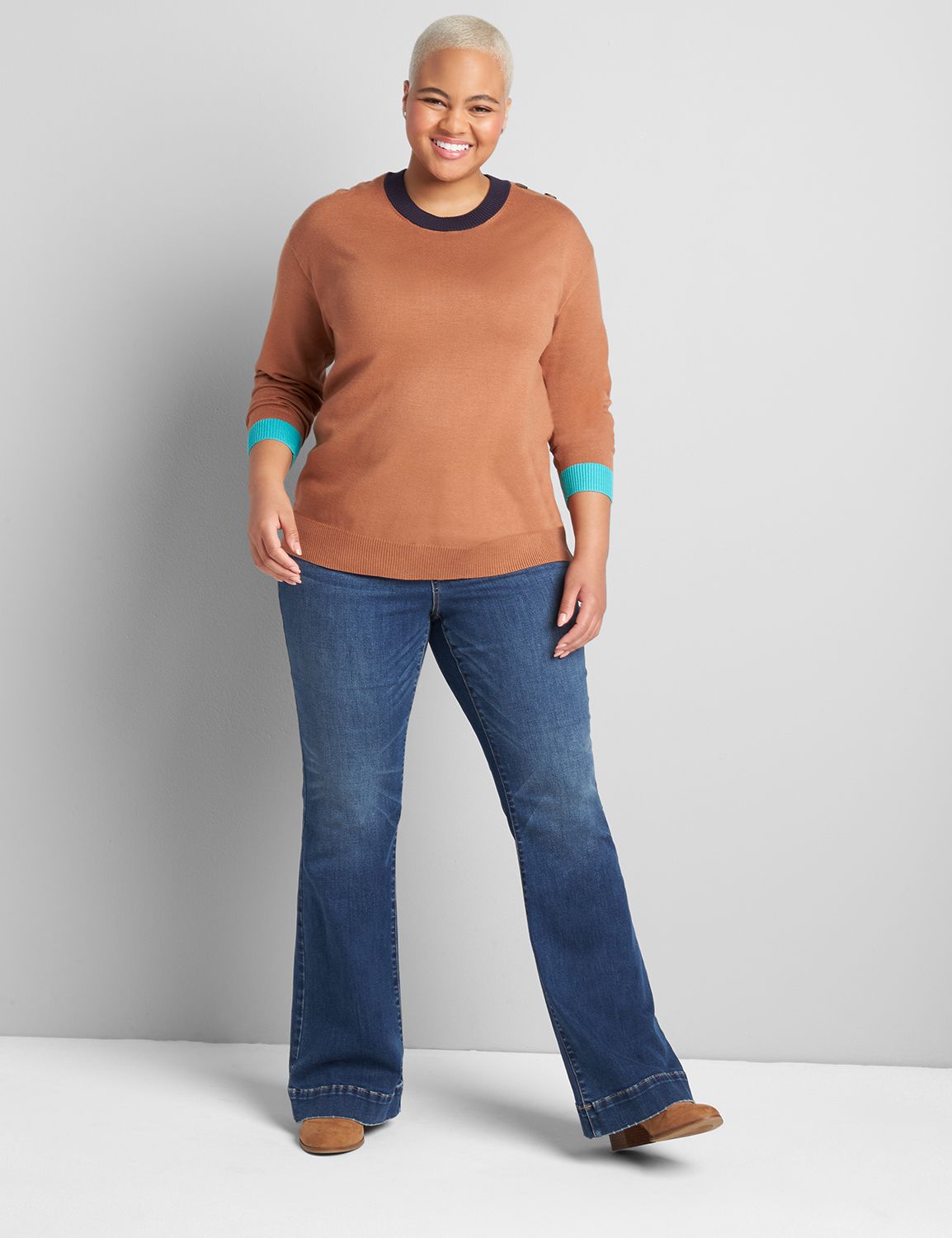 Long Sleeve Crew Neck Trim Color Block Pullover 1122068:PANTONE Argan Oil:10/12 Product Image 3