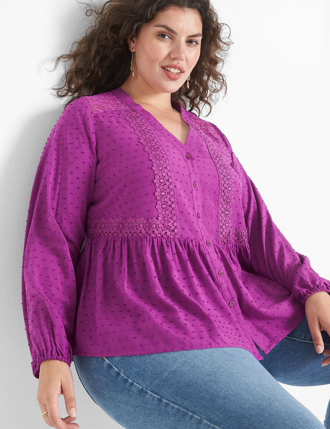 Long Sleeve V Neck Button Down Lace Product Image 3