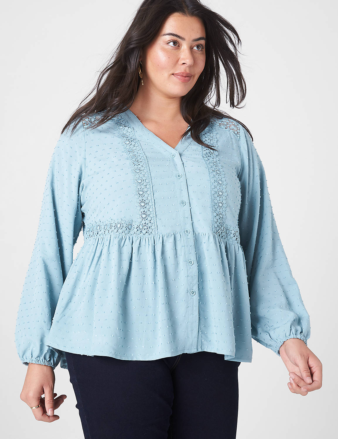 Long Sleeve V Neck Button Down Lace