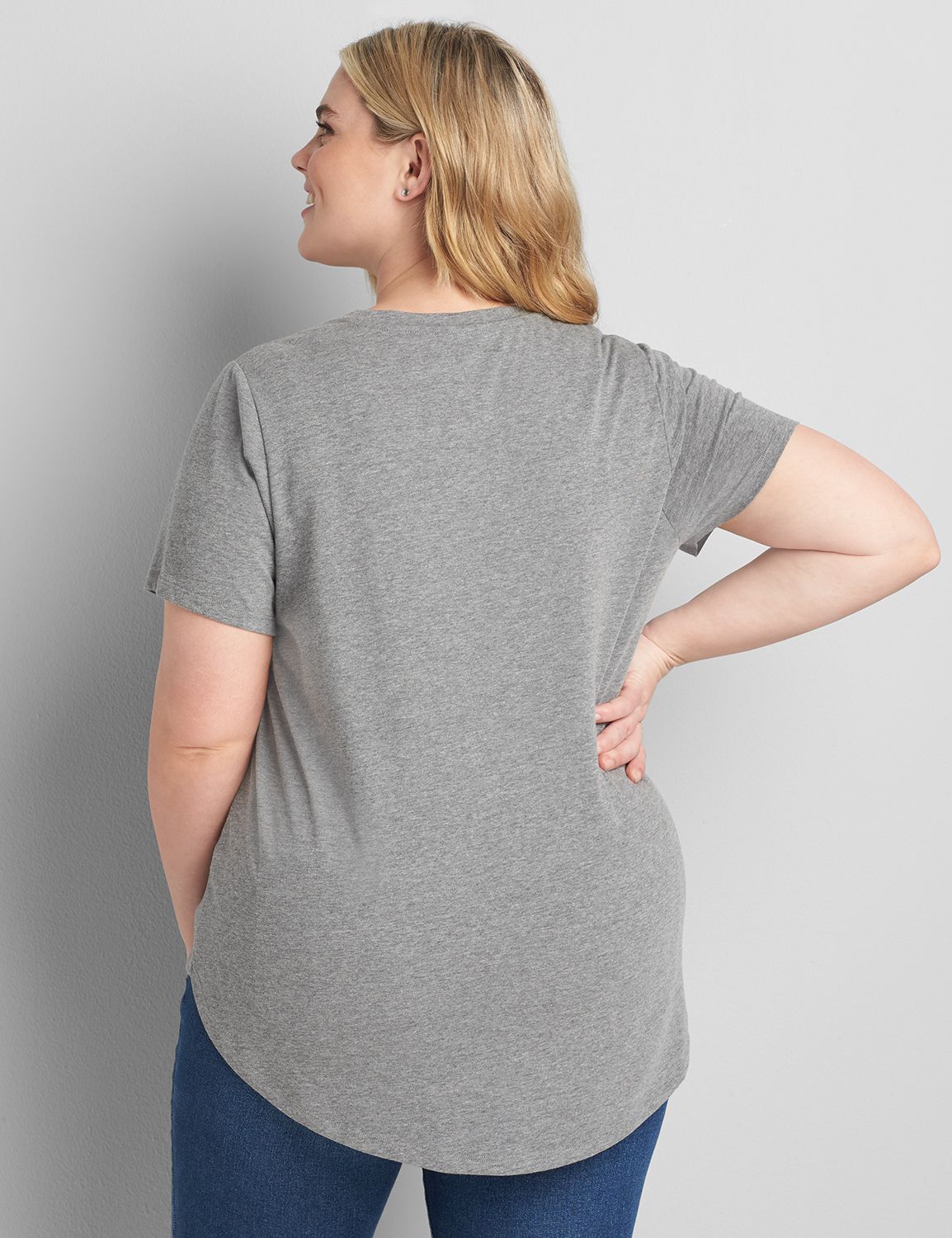 SS VNeck Curved Hem HiLo Graphic: Friends 1123972:BTC30 Medium Heather Gray:10/12 Product Image 2