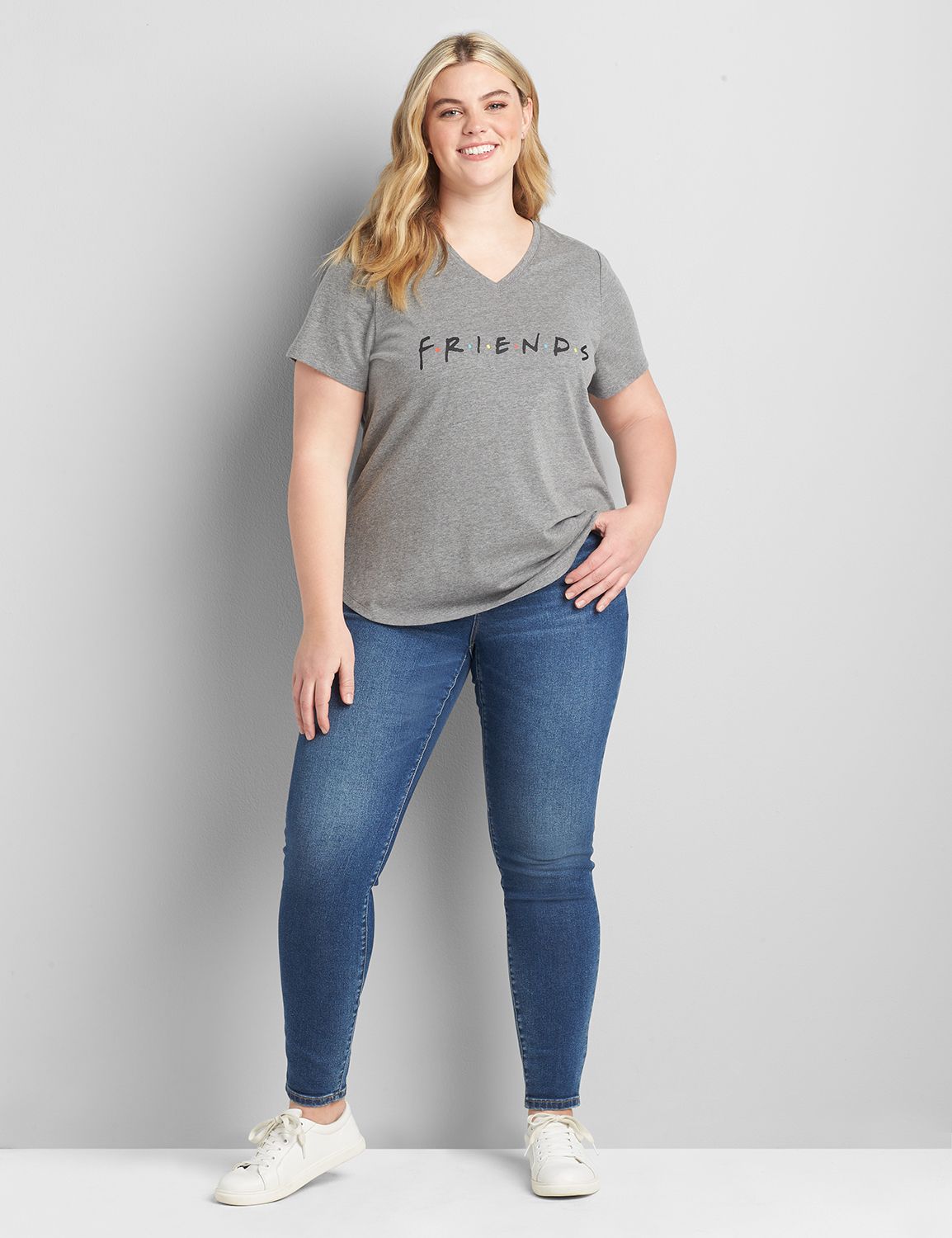 SS VNeck Curved Hem HiLo Graphic: Friends 1123972:BTC30 Medium Heather Gray:10/12 Product Image 3