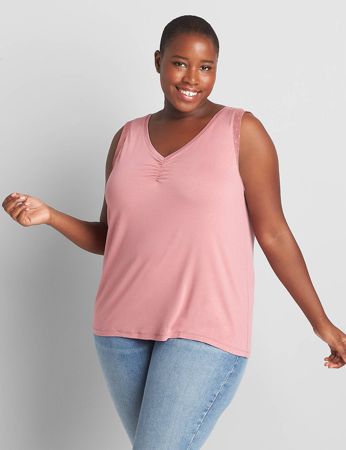 Ruched-Front V-Neck Tank With Mesh Detail Product Image 1