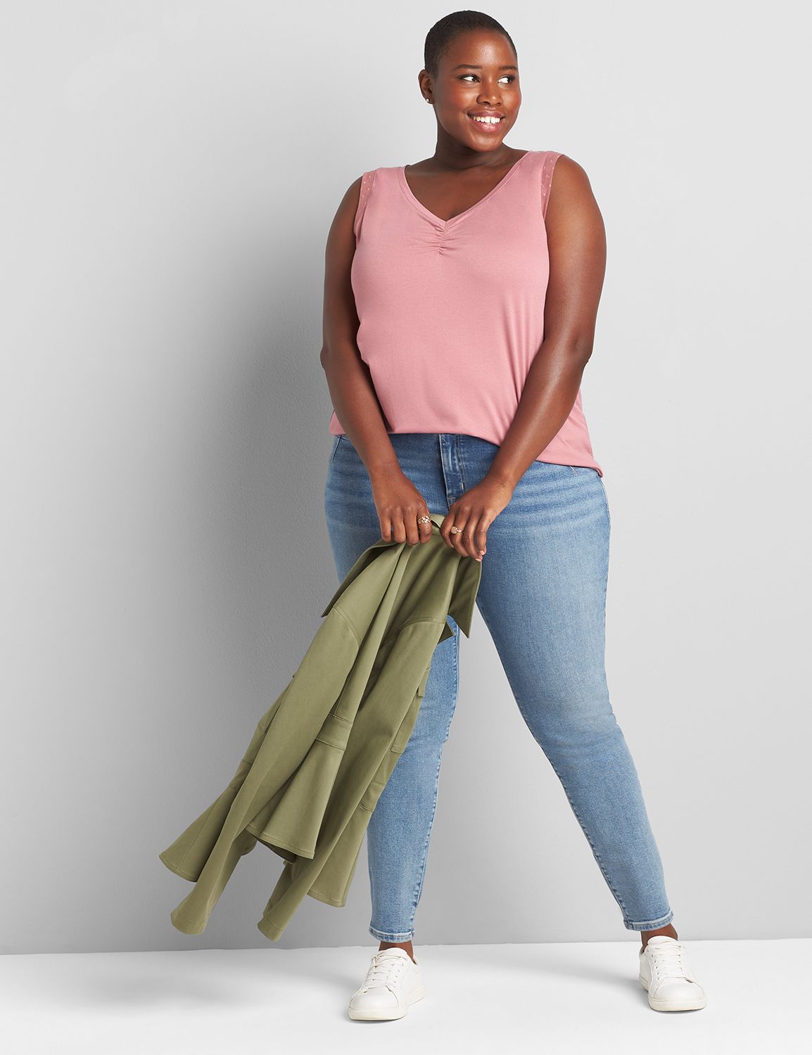 Ruched-Front V-Neck Tank With Mesh Detail Product Image 3