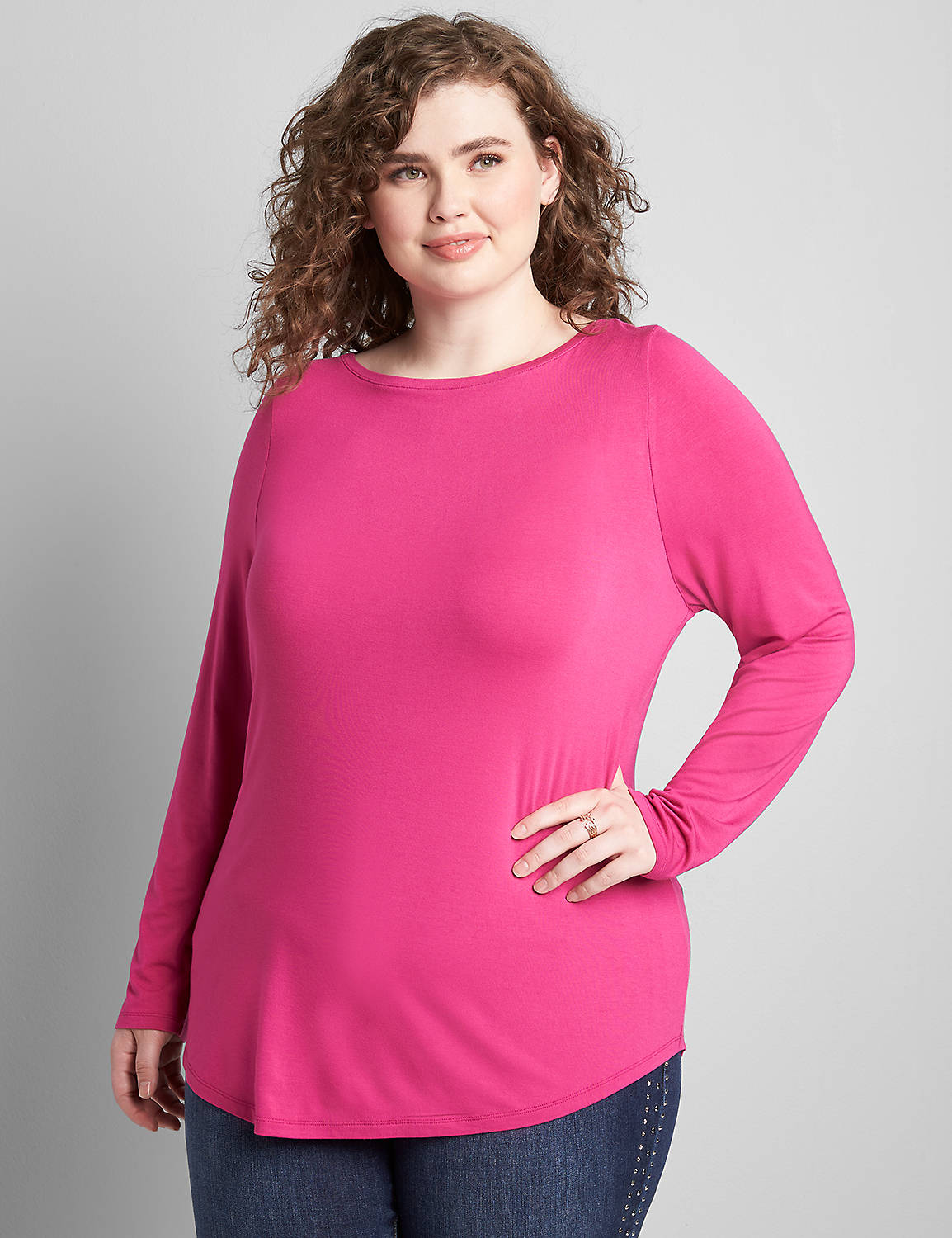 Long Sleeve Boat Neck Curved Hem Printed Tee 1122445 copy of 1122437:PANTONE Fuchsia Red:10/12 Product Image 1