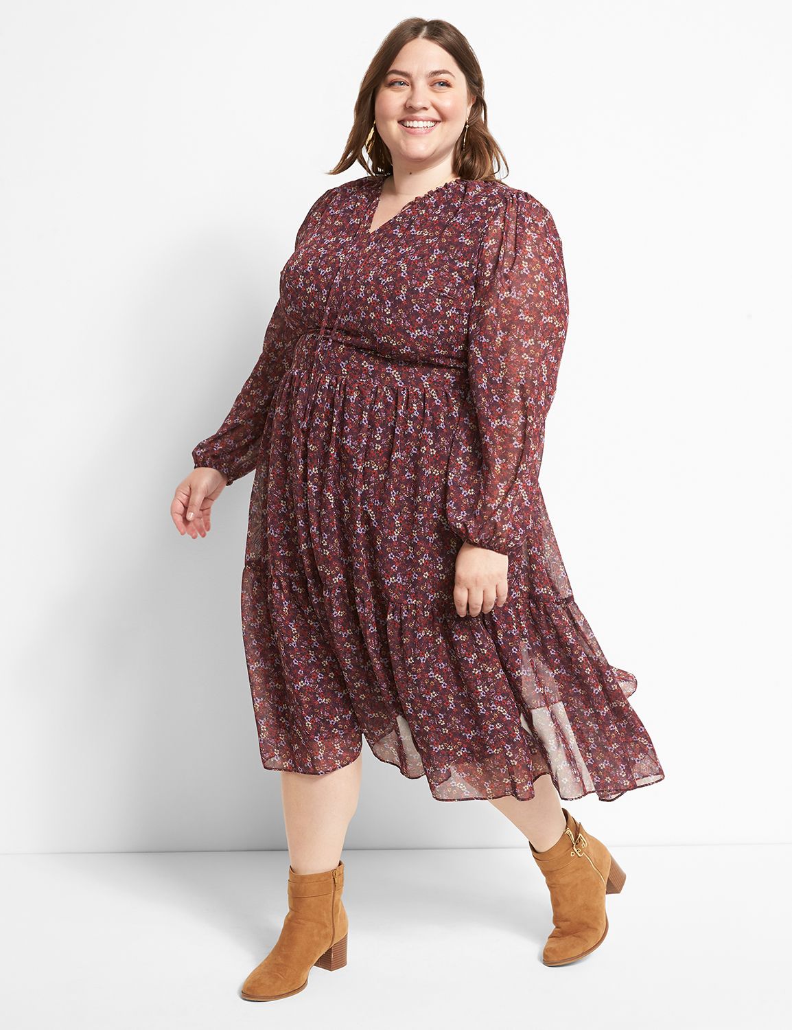 Blouson-Sleeve Tiered Midi Dress Product Image 1