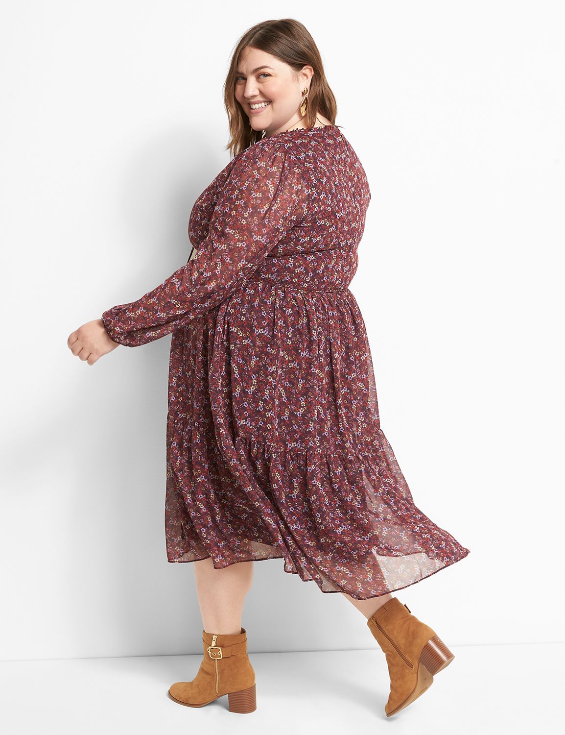 Blouson-Sleeve Tiered Midi Dress Product Image 2