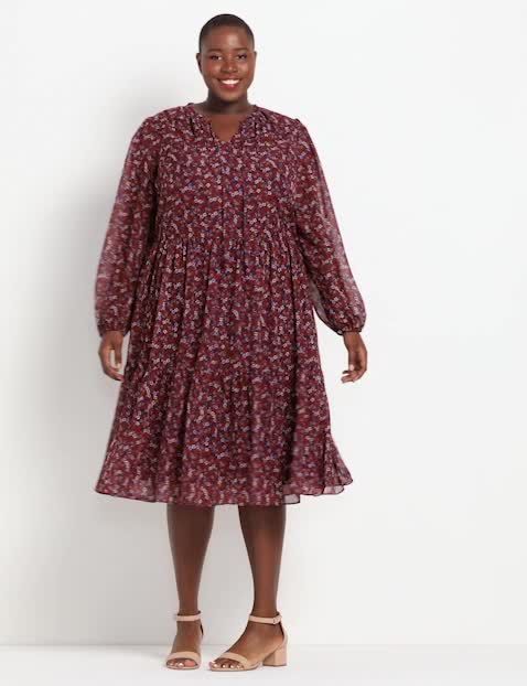 Blouson-Sleeve Tiered Midi Dress image number 0