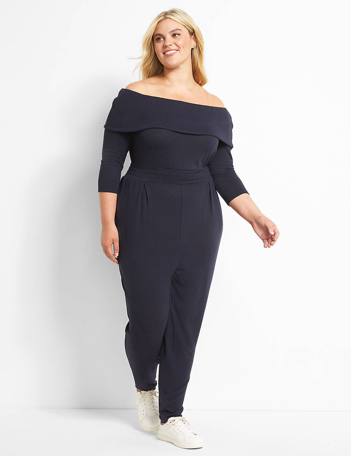3/4 Sleeve Off The Shoulder Hacci Jumpsuit 1122293:PANTONE Night Sky:10/12 Product Image 1
