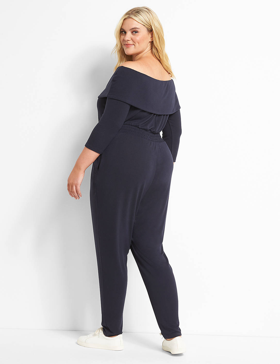 3/4 Sleeve Off The Shoulder Hacci Jumpsuit 1122293:PANTONE Night Sky:10/12 Product Image 2