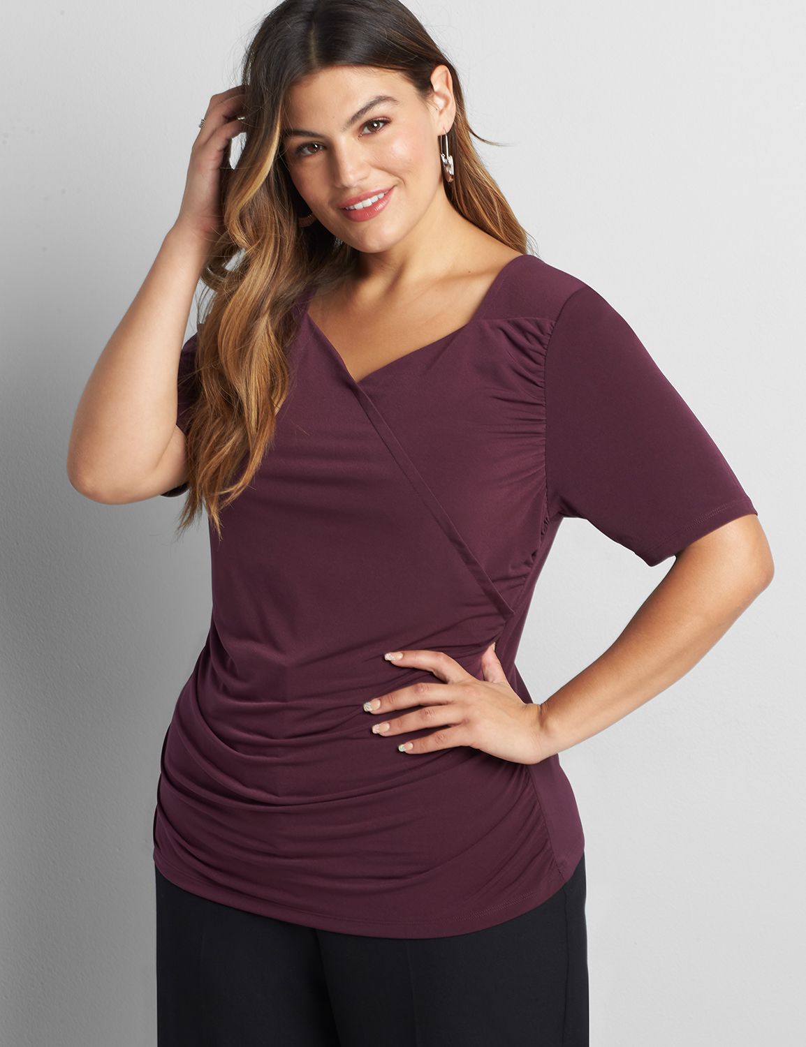 Perfect Sleeve Faux Wrap Drapey Knit Top 1122356:PANTONE Winetasting:14/16 Product Image 1