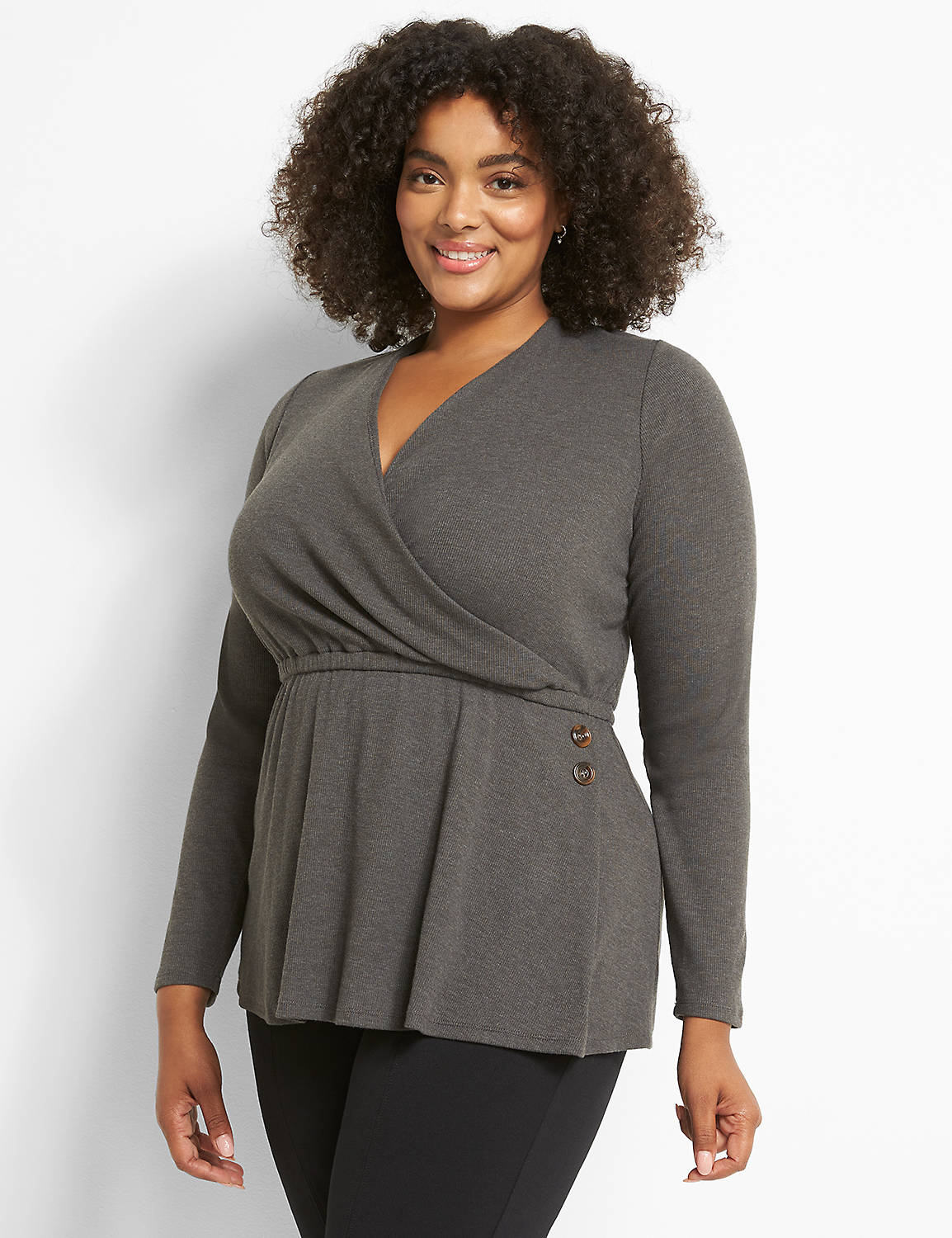 Long Sleeve Faux Wrap Knit Top With Buttons In Rib 1122633:B65 Dark Heather Grey:10/12 Product Image 1
