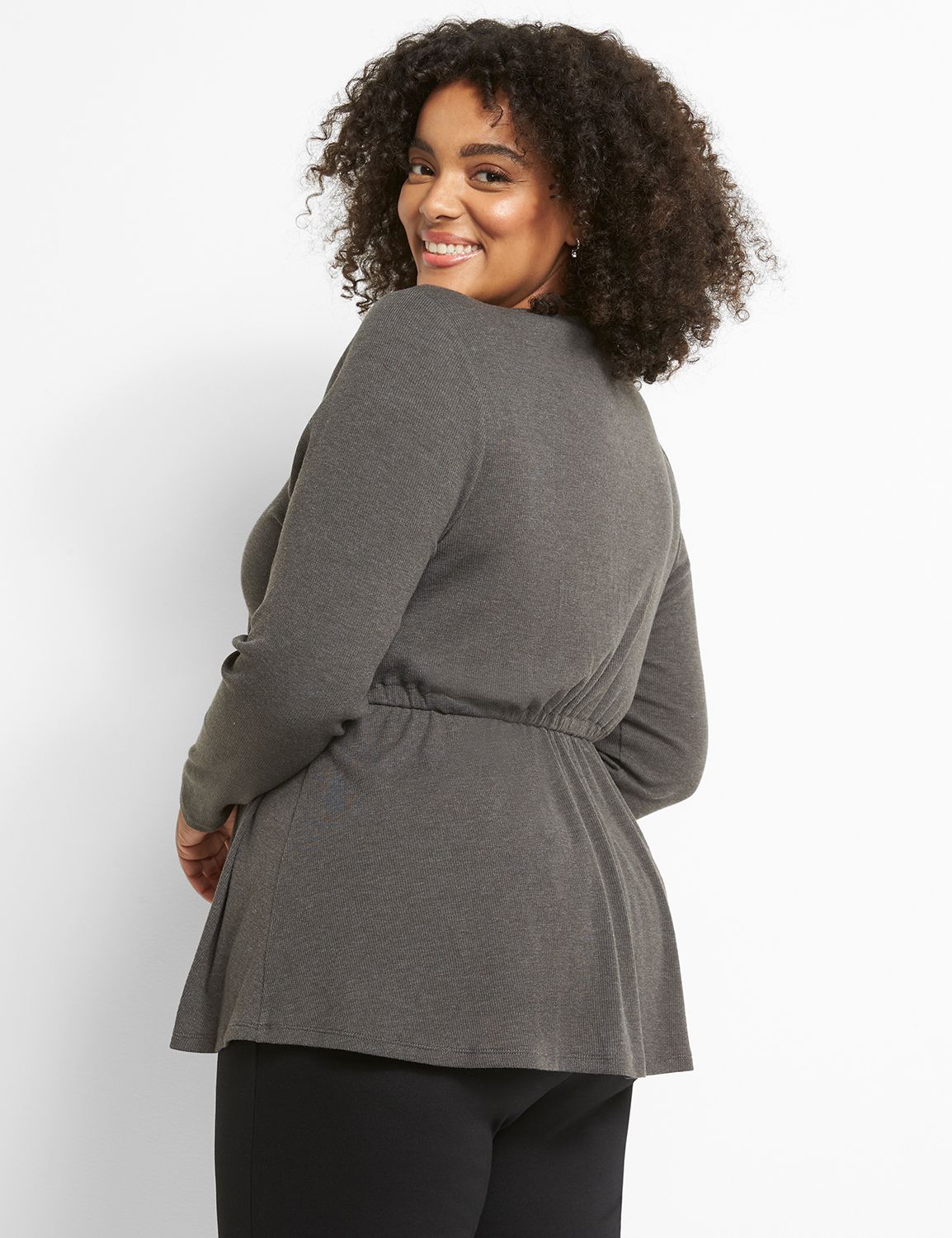 Long Sleeve Faux Wrap Knit Top With Buttons In Rib 1122633:B65 Dark Heather Grey:10/12 Product Image 2