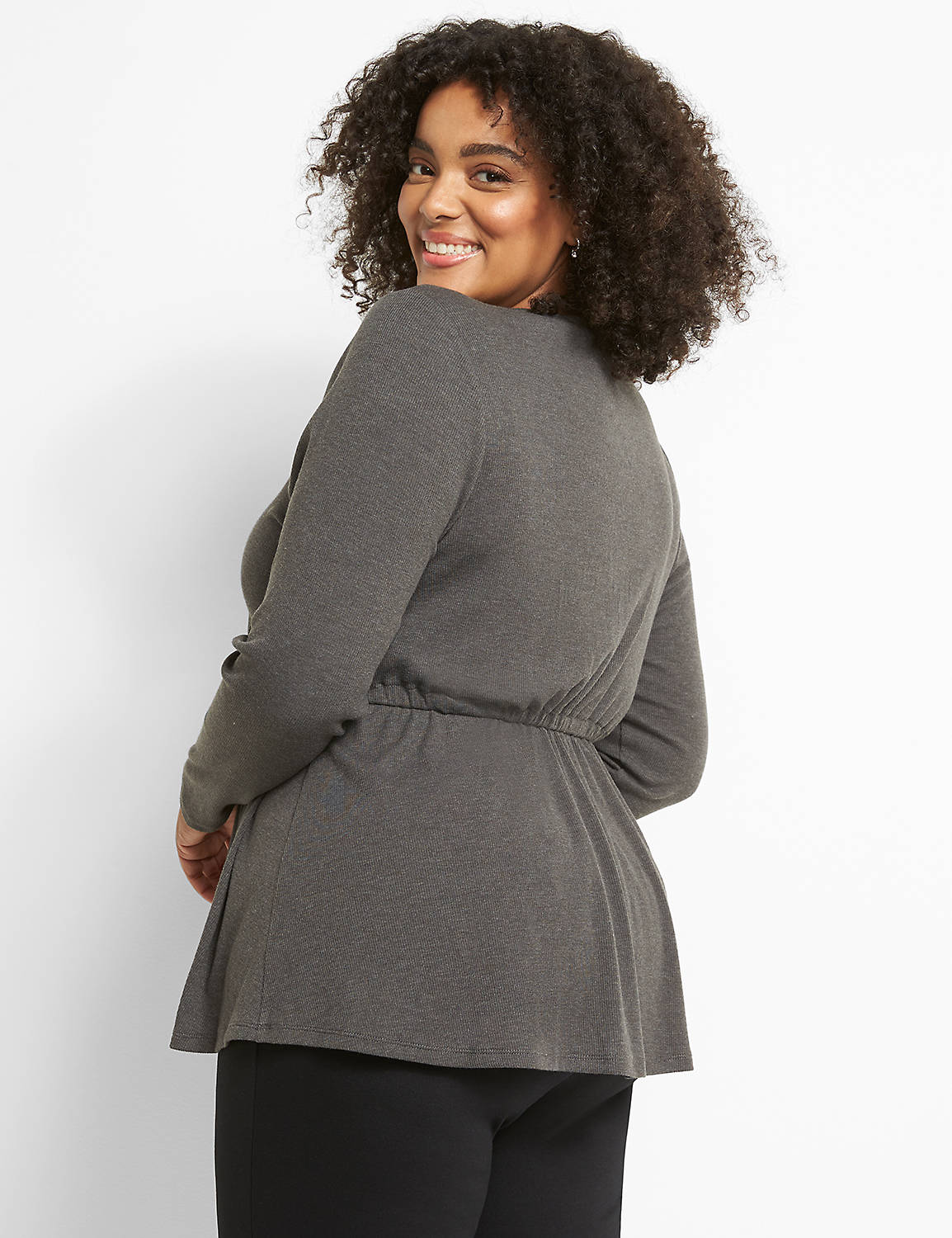 Long Sleeve Faux Wrap Knit Top With Buttons In Rib 1122633:B65 Dark Heather Grey:10/12 Product Image 2